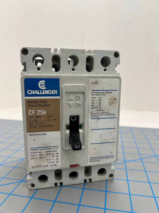Challenger CF3110 110 Amp 3 Pole 60 VAC CF 25k Molded Circuit Breaker - Reconditioned