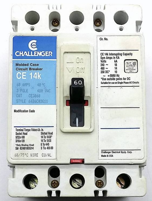 Challenger CE3060 60 Amp 3 Pole 480 VAC CE 14k Molded Case Circuit Breaker - Reconditioned