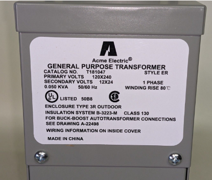 ACME T1881047 0.050KVA 120-240 V 50-60 Hz Phase 1 Enclosure Type 3R Transformer - New