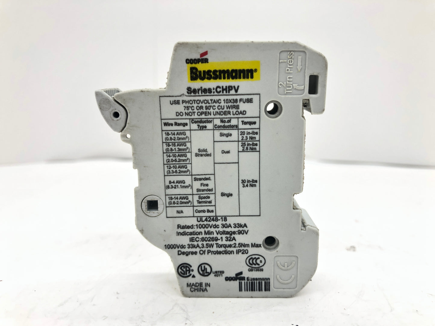 Bussmann CHPV1U Fuse Holder 1Pole 30A 1000Vdc Mfh for 10X38 Gpv - Reconditioned