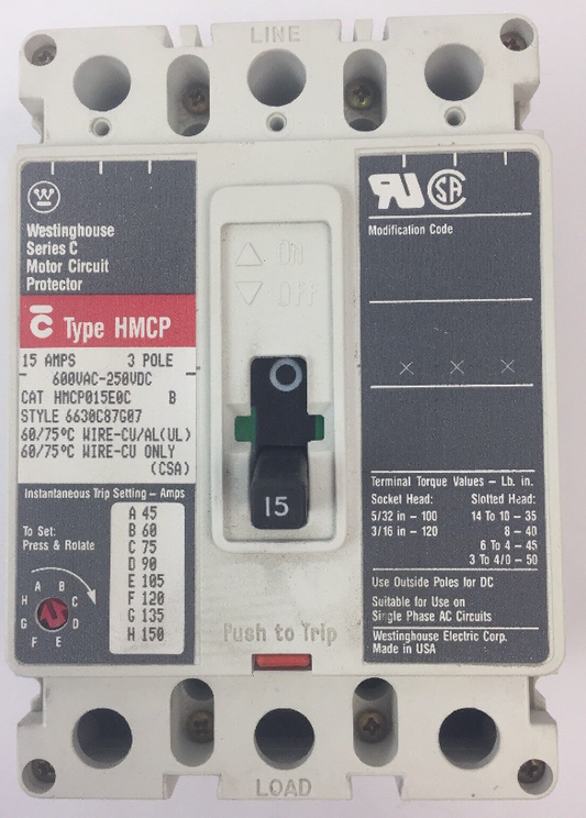 Westinghouse HMCP015E0C 15 Amp 3 Pole 600 VAC Motor Circuit Protector - Reconditioned