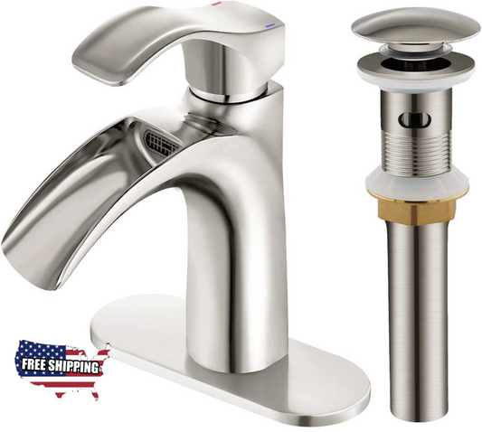 Yodel Brushed YF-BNTOF Nickel Vanity Waterfall Spout 1 Handle for 1Hole/3Holes - New