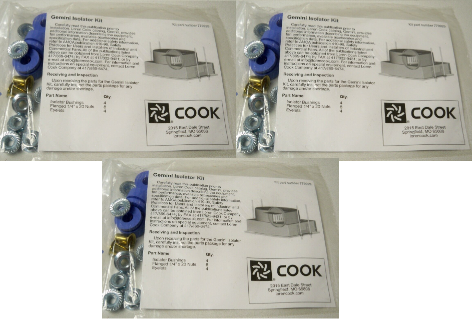 Cook779929 4Isolator Bushings,4Eyelets,8Flanged1/4"x20 Nuts, Isolator Kit 3 Pack - New