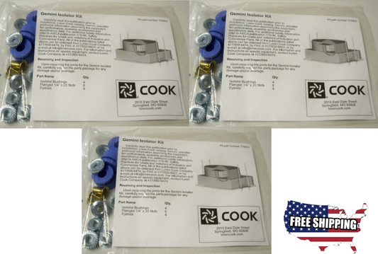Cook779929 4Isolator Bushings,4Eyelets,8Flanged1/4"x20 Nuts, Isolator Kit 3 Pack - New
