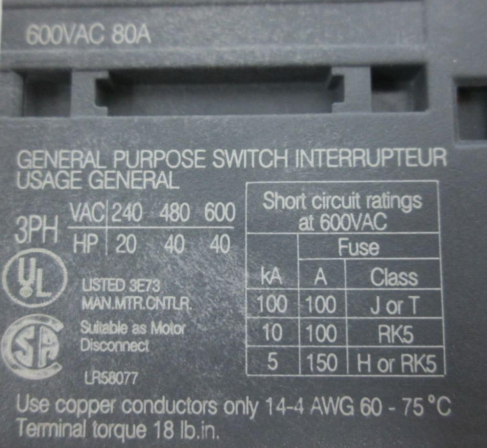 ABB OT63E3 80 Amp 50-60 Hz 600 VAC 3P General Purpose Switch Interrupter - New